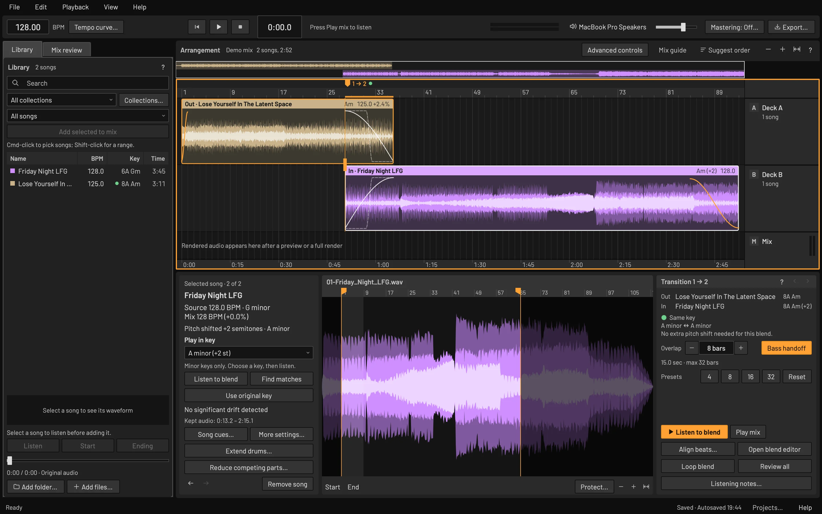 The BeatStitch window with the demo mix open: a library of two songs with BPM and Camelot keys on the left, the arrangement with colored waveforms and fade curves in the middle, and transition controls for blend 1 to 2 on the right.