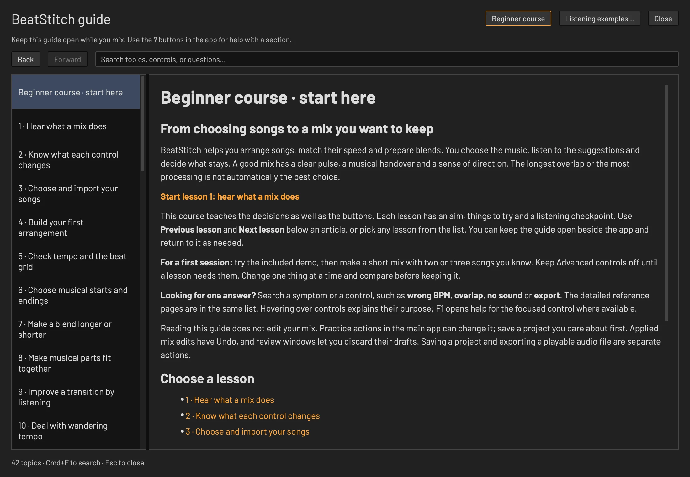 The BeatStitch guide window open at the beginner course, with the list of lessons on the left and the course introduction on the right.